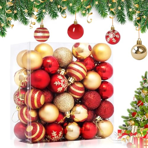 Weihnachtskugeln,50 Stück Weihnachtsbaumschmuck Christbaumkugeln Kunststoff,Weihnachtsbaum Deko Rot und Gold mit Aufhängeschlaufe für Weihnachten und Party Dekoration