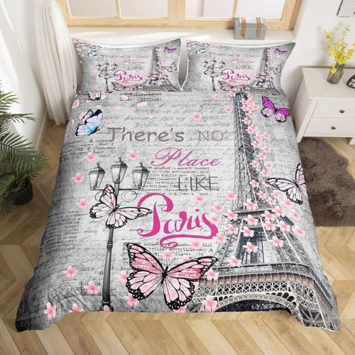 Homemissing King Butterfly Eiffel Tower Bedding Set Cherry Blossoms Paris Tour Comforter Cover Set Children's Girls Valentine's Day Duvet Cover Rose Cherry Blossoms