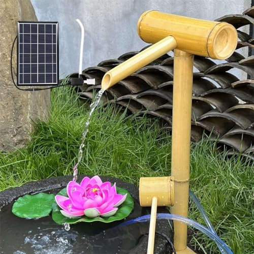 Fuente solar de bambú, fuente de agua Feng Shui con detalles de bambú con bomba y energía solar, kit de fuente de bambú de estilo japonés, para jardín interior y exterior, patio, 40 cm, creatividad