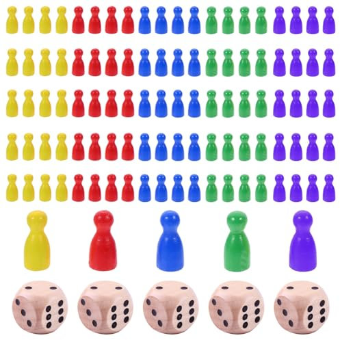 CANRNYACBZ 100 Stück Spielfiguren für Brettspiele Bunte Halmakegel Set und 5 Würfel aus Holz für Brettspiele Rot, Gelb, Blau, Grün,Violett Holzpuppen Spielfiguren Halmakegel 25x12cm Mühle Steine Set