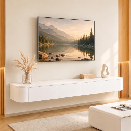 Ribanedy Modernes Schwebendes TV-Regal | Wandmontierte Unterhaltungsmedien-Konsole | Großes Aufbewahrungs-TV-Bank für Wohnzimmer & Büro (Weiß, 260cm)