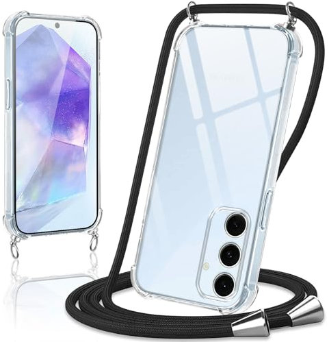 Coiwxmoi Coque avec Cordon pour Samsung Galaxy A55 5G, Collier Réglable Téléphone Étui Portable Lanyard Case Transparent Ultra Souple Silicone TPU Housse Antichoc Protection Cover, Noir