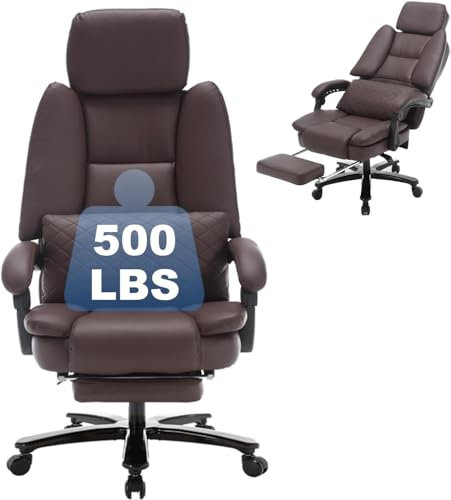 KCREAM Bürostuhl 250kg Belastbarkeit, Ergonomischer Chefsessel mit Fußstütze, PU Leder Großer Bürostuhl Drehstuhl mit Rollen, Chefsessel mit Verstellbarer Lendenwirbelstütze, Braun