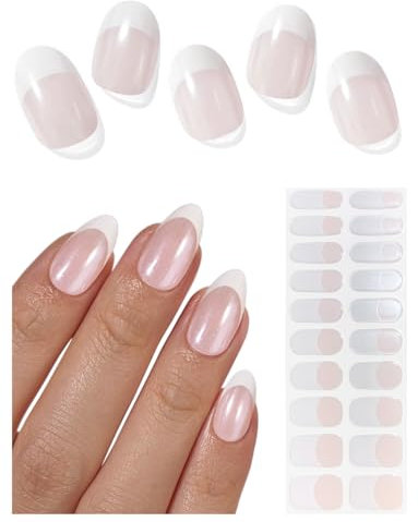 AutyaMee Semi Cured Gel Nail Strips (Chrome White French), Glazed, Pearl, 20 Pcs Gel Nail Wraps, Stickers, UV Light Required