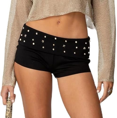Acrawnni Y2K Damen-Shorts mit Nieten, faltbar, Mikro-Shorts, Vintage, niedrige Taille, schmale Passform, Mini-Shorts, Punk, Faltboxer, Shorts, Party, Clubwear