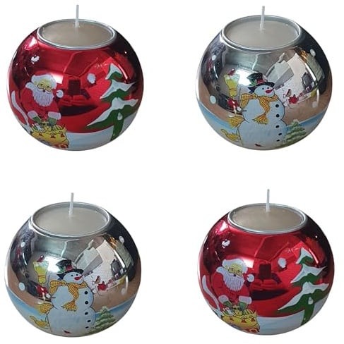 4 Festliche Kerzenhalter in Rot und Silber mit Weihnachtsmann, Tannenbaum, Schneemann, handbemalt Adventskranz incl. 4 Teelichter ! 80570/2farbig