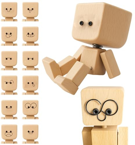 CJAPGJW 1 Wackelfigur Auto mit 12 austauschbaren Gesichtsausdrücken, Wackelnder Holzmann für Armaturenbrett und Schreibtisch, Lustige Auto Deko und Geschenk für Autofans