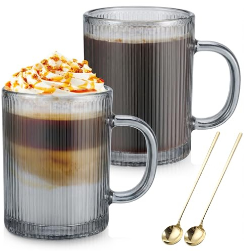 Glass Coffee Mugs Set of 2, 350ml Classic Stripe Latte Glasses with Handle, Borosilicate Temperature Resistant Glass Coffee Cup for Cappuccino, Macchiato, Tea, Milk, Juice, Cold & Hot Beverages - Gray
