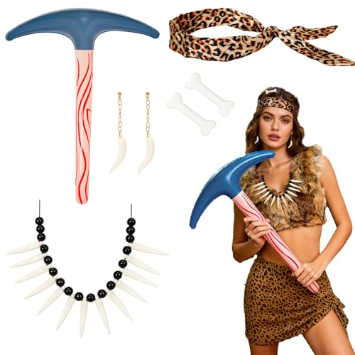 XEPST Höhlenmensch Kostüm Steinzeit Kostüm Accessoires Zubehör Knochen-Haarklammern Höhlenmensch-Halskette Knochen-Accessoires Ohrringe Halloween Karneval Cosplay-Zubehör-Set