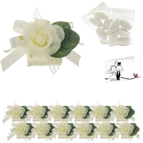 Doni Bomboniere Set Matrimonio 12 Sacchetti Cotone di Colore Bianco con Fiore e Fiocco Bianco Bustine Confetti Bianchi Bigliettini Personalizzabili Segnaposto Sposi Confettata Nozze Gadget Fai da Te