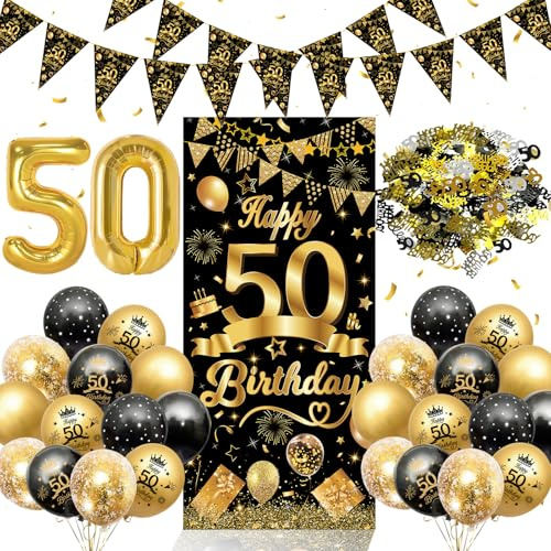 50 geburtstag Deko Mann Frau, Deko 50. Geburtstag Luftballons Schwarz Gold | 50. Geburtstag Männer Frauen mit Geburtstagsdeko 50 Jahre Lange Banner, Konfetti Deko, Zahl 50 und Wimpelkette