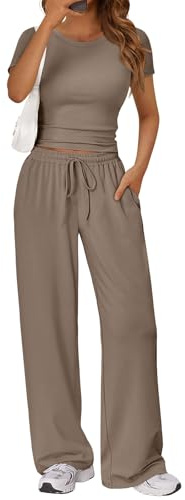 LILLUSORY 2 Piece Lounge Wear Pajamas Sets for Women UK Vacation Travel Outfit Airport Holiday Clothes Casual Elastic Waisted Wide Leg Trousers Co Ord Sets Dressly Capsule Wardrobe Clothing Mocha M