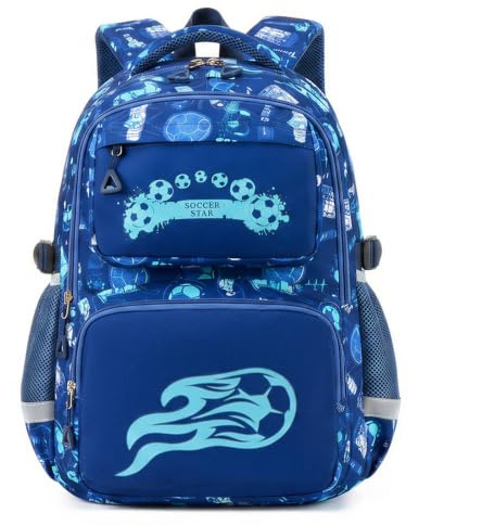 Amythe Schulranzen Jungen 1. bis 4. Klasse Reflektierend Modern, Fußball | Nachtleuchtend Wasserdicht Laptopfach Leicht Fußball Daypack Multitasche Geräumig Robust für Schule Reisen Wandern Freizeit