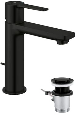 GROHE Lineare, Waschtischarmatur, wassersparend (Wasserhahn für das Bad, mit Zugstangen-Ablauf, 18cm hoch, Badarmatur mit langlebiger Oberfläche, einfache Installation), mattschwarz, 321142431