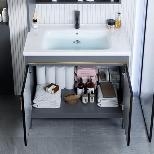 WYRNOBRX Mueble De Baño Grande 81 Cm con Fregaderos Mueble De Almacenamiento De Estilo Rústico con Lavabo De Cerámica Lavabos Independiente Dos Puertas Estructura Metálica,Gris,L81*H74*W48