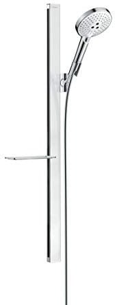 hansgrohe Duschsystem (Duschkopf, Schlauch, Duschstange, Raindance Select S 120 Regendusche 0,90m mit Ablage, 3 Strahlarten) Weiß/Chrom