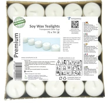 Premium 7 Hours Long Burning Time Pack of 72 Transparent Green Cup tea lights Eco-Friendly tealights White Unscented Night Lights Vegan Soy Wax Candles Non-Toxic