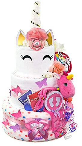 MomsStory - Windeltorte Mädchen | DIY Windelgeschenk Einhorn | Baby-Geschenk zur Geburt Taufe Babyparty | 3 Stöckig (Rosa-Weiß) XXL Geburtsgeschenk