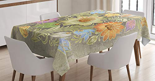 ABAKUHAUS Blume Tischdecke, Weinlese-Blumenstrauß-Braut, Personalisierter Druck Klare Farben ohne Verblassen Waschbar für Außen Bereich, 140 x 200 cm, Beige Grau