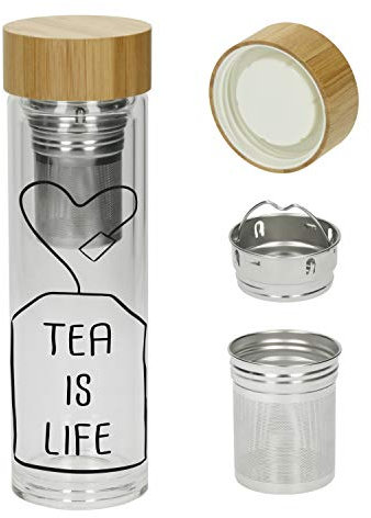 Teeflasche mit Sieb To Go 450ml mit Bambusdeckel - Glasflasche Isolierflasche doppelwandig - Perfekter Teeaufbereiter To Go - 100% BPA FREI (Tea - Motiv 2)