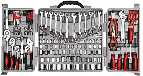 CARTMAN 205-teiliges Ratschenschlüssel-Werkzeug-Set 1/4 Zoll & 3/8 Zoll & 1/2 Zoll Antrieb mit SAE/metrischen Stecknüssen Kit in Kunststoff-Werkzeugkasten