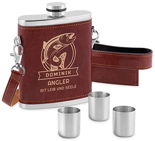 Maverton Flachmann mit Gravur - personalisiert - 250 ml - aus Edelstahl - 3x10 ml Pinnchen - Weihnachtsgeschenke -Lederetui mit Riemen - Geburtstagsgeschenk und mehr - Farbe: Silber/Braun - Fisch