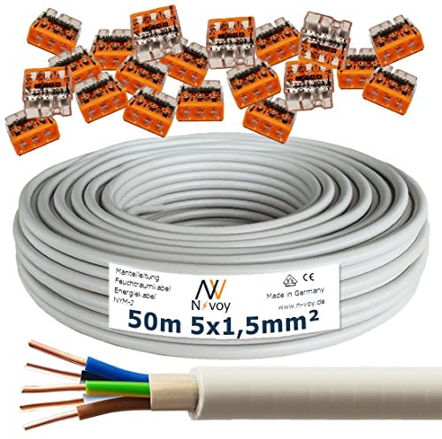 NYM-J 5x1,5 mm² 50m Mantelleitung Installationskabel mit 20 Stück WAGO Klemmen M97