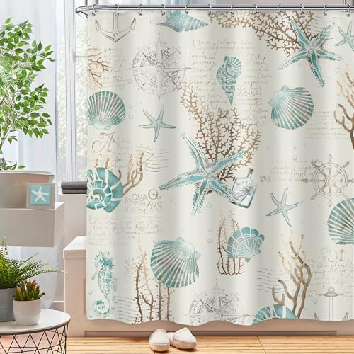 Omifly Duschvorhang mit Seestern und Muscheln, 152 x 183 cm (B x H), Strand, Küste, nautisches Badezimmer-Set, Ozean, Koralle, Vintage, Beige, Elfenbein, Retro, Anker, Seepferdchen mit 12 Haken,
