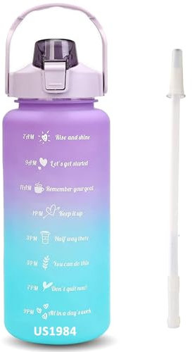 US1984 2000ml Sports Gallon Motivational Water Bottles with Time Marker Wide Mouth GYM Big Water Bottle with Straw & Handle, Leakproof BPA Free Fitness Sports (2L Purple, Plastic, Pack of 1)