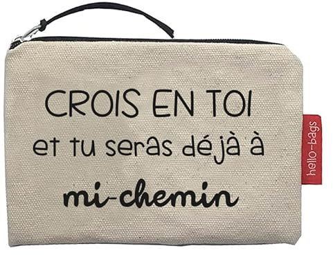 Hello-Bags. Portemonnaies / Porte Cartes. Extérieur : Coton 100%. avec Fermeture éclair et Doublure intérieure. Inclue Une enveloppe de Cadeau. « CROISENTOI ». Écru / Noir. 14 * 10 cm., (3513354)
