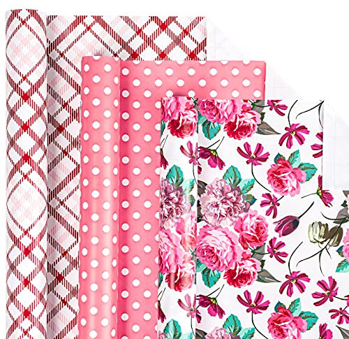 LeZakaa Geschenkpapierrolle mit Blumenmuster, Mini-Rolle, Rose/Punkte/Plaid für Valentinstag, Muttertag, Hochzeit, 43,2 x 304,8 cm, 3 Rollen (42,5 m²)