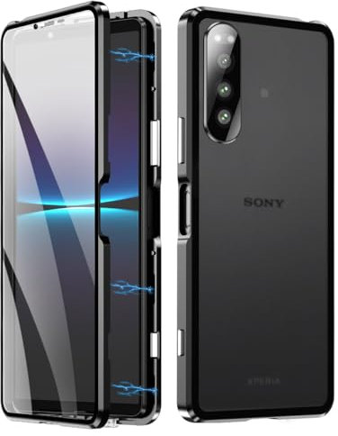 QUIETIP Schutzhülle kompatibel mit Sony Xperia 5 IV, magnetischer Metallrahmen, klares gehärtetes Glas + harte PC-Rückseite, rutschfeste, stoßfeste Hülle mit Kameraschutz, schwarz