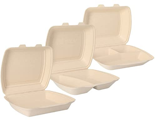 der-verpackungs-profi 200 Menüschalen Bagasse Menüboxen Zuckerrohr | ungeteilt | 2-geteilt | 3-geteilt (Menübox 2-geteilt, 200, stück)