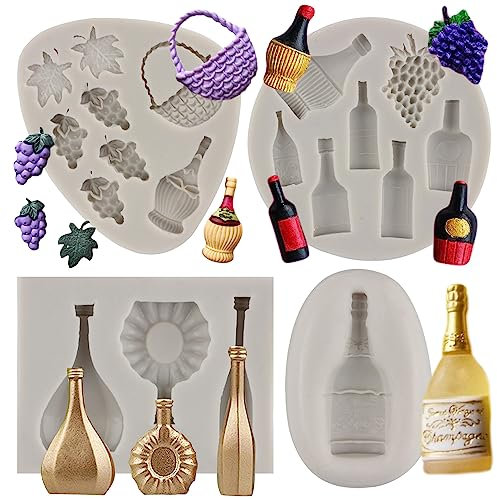 Sijiangmold Wine Bottles Silicone Mold Wine Glass Cup Fondant Molds Grape Champagne Bottle Candy Molds for Cupcake Topper Cake Decorating Chocolate Candy Craft Gum Paste Set of 4
