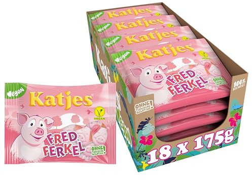 Katjes Fred Ferkel Vorratspack – Vorrats-Box Schaumzucker mit Fruchtgummi in Schweinchen-Form, fruchtiger Mix in unterschiedlichen Geschmacksrichtungen, vegan, 18 x 175 g