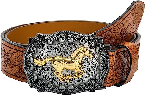 INOGIH Herren-Western-Cowboy-Lederschnallengürtel-mit-Longhorn-Bull-Floral-Graved-Gürtelschnalle für Jeans 33 bis 42 Taille, Pferdebraun, For Waist 31''- 34''