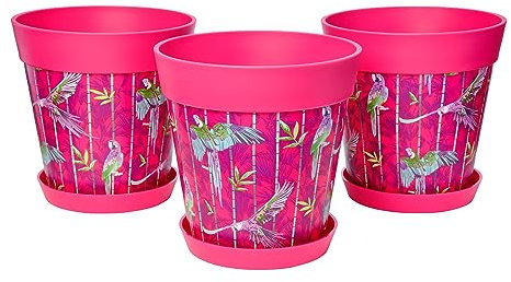 Hum Flowerpots set of 3 plastic, indoor/outdoor plant pots 22cm diameter and 3 saucers 17cm diameter (Pink Parrots)