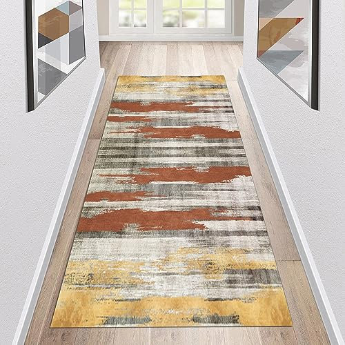 Siunwdiy Teppich Läufer Flur Küche rutschfest waschbar Teppichläufer Lang beige/gelb Bunt 40x300cm Abstrakt Design Meterware Korridor Tepiche Esszimmer Schlafzimmer Wohnzimmer Küchenteppich