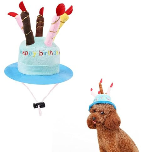 AWOCAN Haustier-Geburtstagshut wie EIN Geburtstagskuchen, verstellbar, niedlicher und wiederverwendbarer Hut mit bunten Kerzen für kleine, mittelgroße Hunde, Katzen, Kostüme, Kopfbedeckung (BLAU)