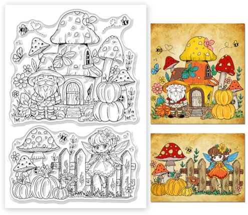 ORIGACH Frühling Elf Wichtel und Pilz klare Stempel für Kartenherstellung Wichtel und Elf Transparente Silikonstempel für DIY Scrapbooking Journaling Fotoalbum Bastelzubehör