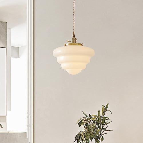 GGBBJJ Lámpara colgante de cristal blanco para escuela, lámpara colgante grande de cobre antiguo, cristal de leche, lámpara costera bohemia, iluminación colgante de techo moderna nórdica para cocina,