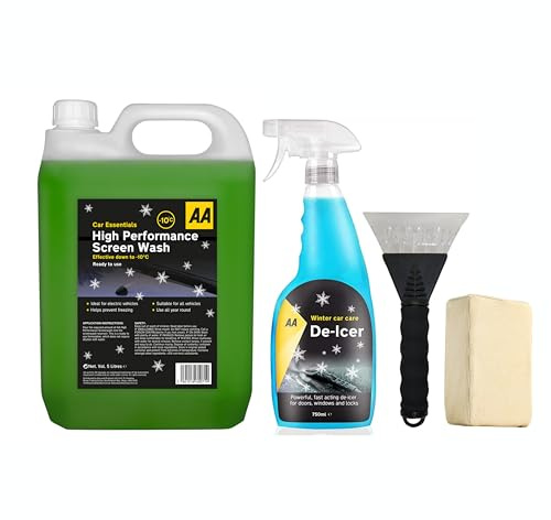 AA Winter Car Kit High Performance Screenwash 5L, Fast Acting Deicer 750 ml, Ice Scraper x 1, Chamois Demister Pad x 1 (Green)