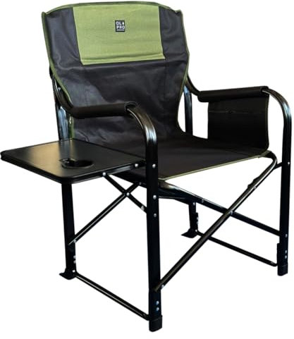 OLPRO Deluxe Directors Chair – Green & Black – Foldable Camping Chair with Side Table, Drinks Holder & Zippable Storage – Sturdy Outdoor Director’s Furniture for Garden & Events