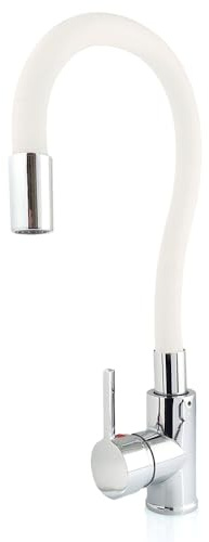 Küchenarmatur mit Flexibler Silikonschlauch, Hochdruck Wasserhahn Küche, Armatur Küche 360° Drehbar, Mischbatterie Küche mit Flexibler Auslauf Weiß