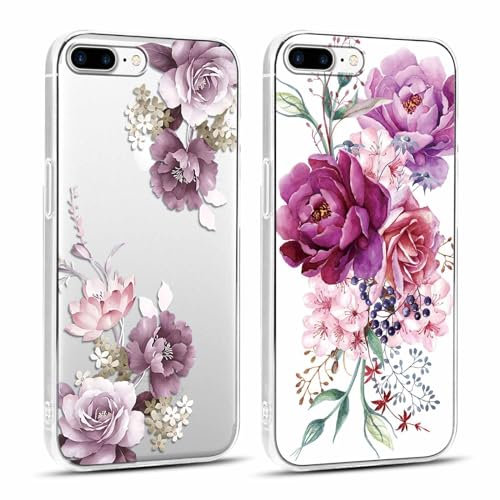 Yoedge 2 Stück Durchsichtig Handyhülle für iPhone 8 Plus/iPhone 7 Plus Hülle, Transparent Blumen Muster Frauen Mädchen Aesthetic, Case Weich Schlanke Silikon Stoßfest Case 5,5