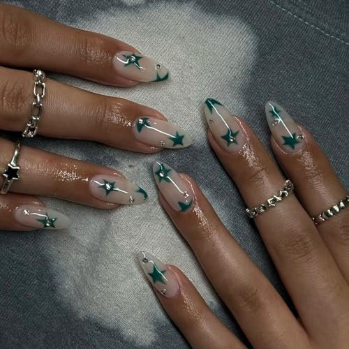 24pcs Short Almond False Nails Rhinestone Press on Nails Green Start Stick on Nails Creamy White False Nails Removable Glue-on Nails Full Cover Fake Nails Women Brides Nail Art Accessories