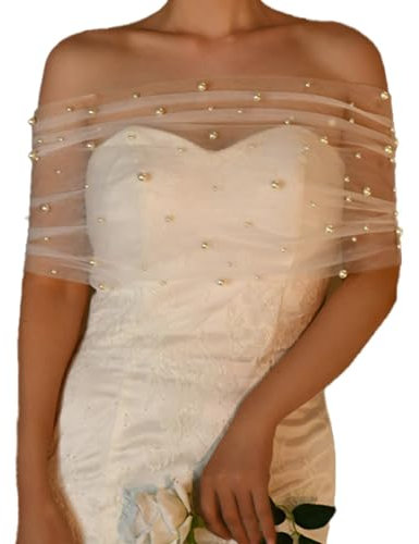 SHTGOI Bolero - Mantello in pizzo, per matrimonio, da sposa, con perle artificiali, con fibbia, senza spalline, in pizzo, per feste, da sposa, da sposa, in tulle