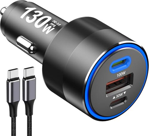 130W USB C Car Charger 3 Port 100W PD3.0/QC4.0/PPS Super Fast Charging Car Charger Adapter with 100W USB C Cable for iPhone 15/14/13 Pro Max, Galaxy S24/S23/S22 Ultra, MacBook Air, iPad, Tablet Laptop