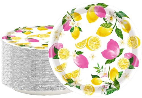 Lot de 50 assiettes en carton citron de 17,8 cm - Assiettes de fête vintage en forme de citron - Assiettes en carton vintage - Assiettes d'été en carton pour anniversaire, décoration de fête (rose)