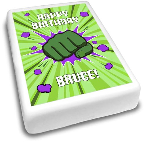 Cakeshop Portrait Personalised Edible Cake Topper With Superhero Explosion & Green Fist | Personalise Custom Name | For Birthdays & Celebrations | Multiple Shapes & Sizes | Icing & Wafer Paper Options
